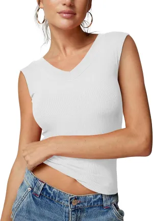REORIA Womens Sleeveless V Neck Tank Tops Basic Tops Cap Sleeve T Shirt Tee Spring Summer Tops Casual Slim Fit Ribbed Top