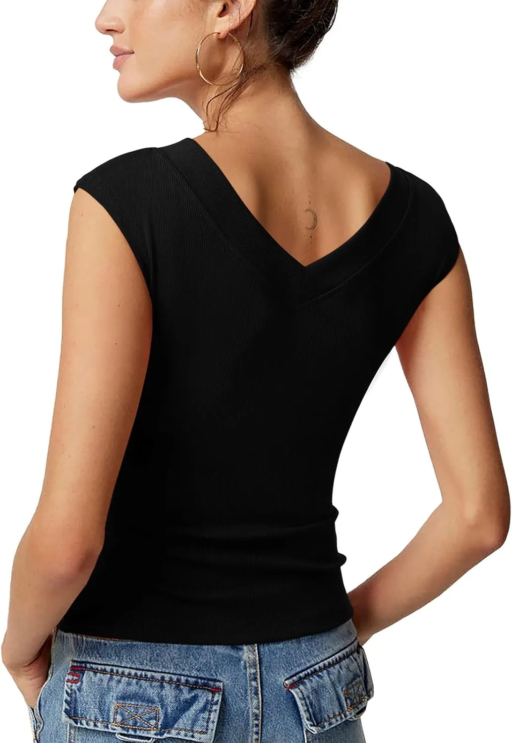 REORIA Womens Sleeveless V Neck Tank Tops Basic Tops Cap Sleeve T Shirt Tee Spring Summer Tops Casual Slim Fit Ribbed Top
