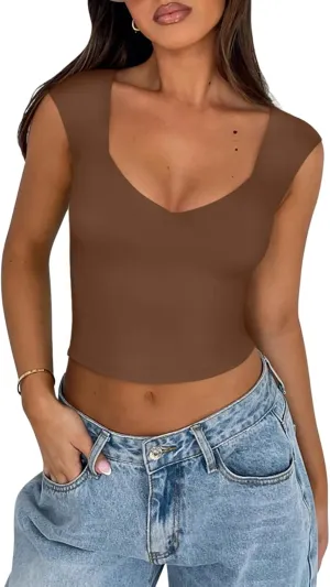 REORIA Women's Trendy Butsmooth Sexy Casual V Neck Double Lined Sleeveless Slimming Going Out Crop Tank Top
