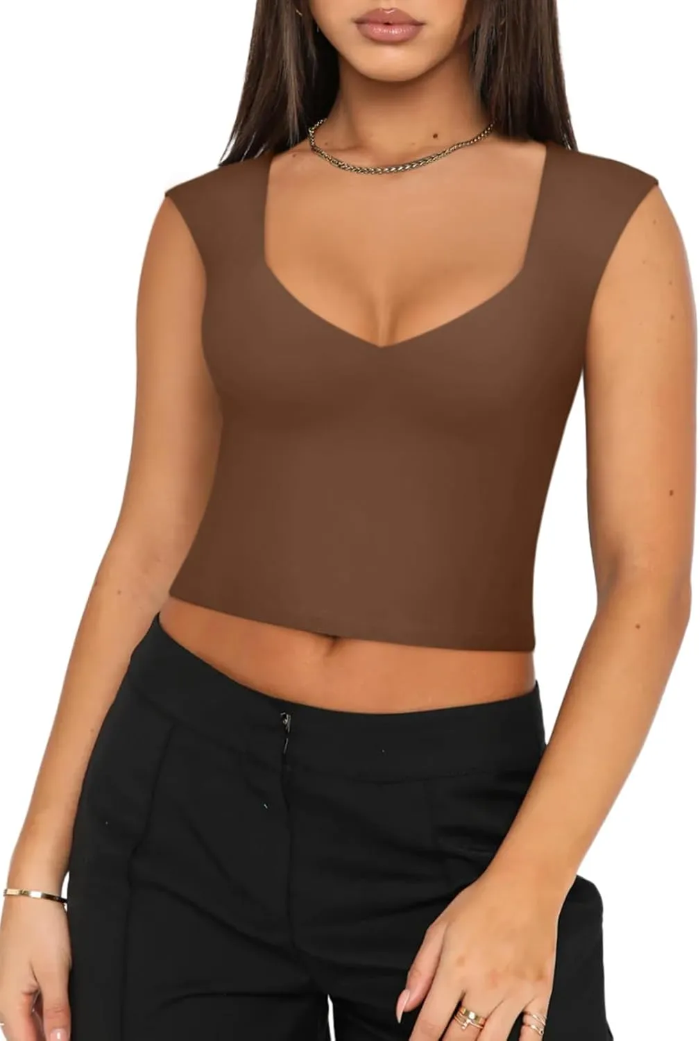 REORIA Women's Trendy Butsmooth Sexy Casual V Neck Double Lined Sleeveless Slimming Going Out Crop Tank Top