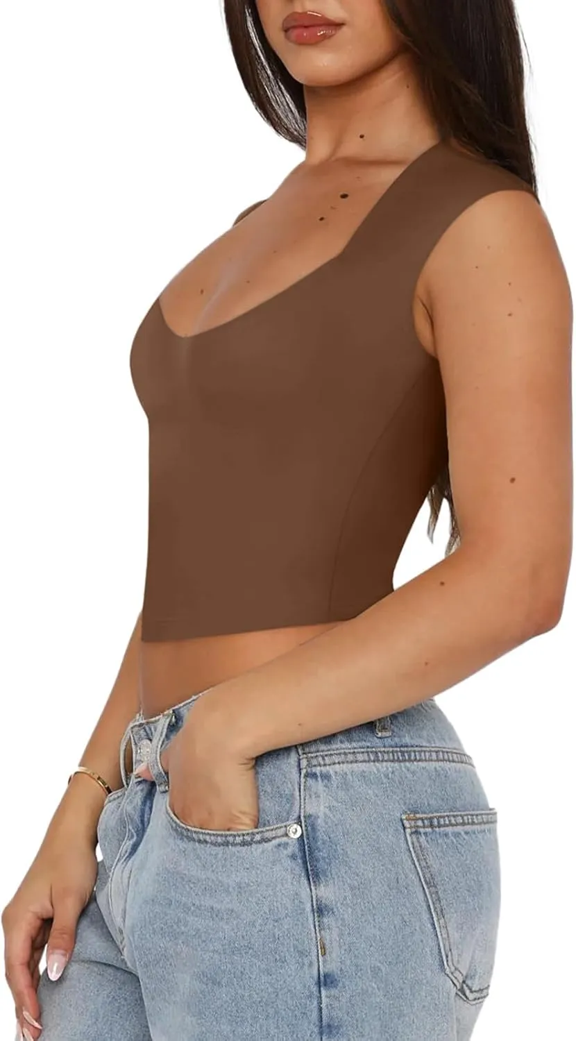 REORIA Women's Trendy Butsmooth Sexy Casual V Neck Double Lined Sleeveless Slimming Going Out Crop Tank Top