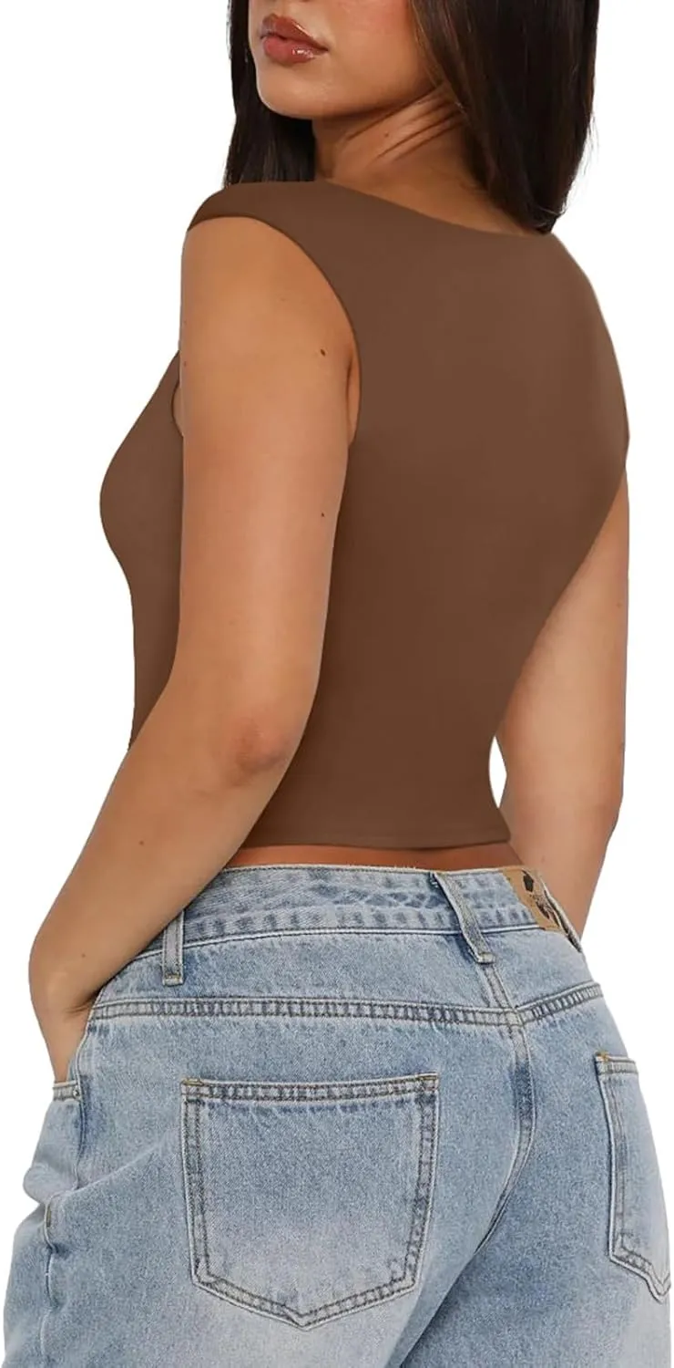 REORIA Women's Trendy Butsmooth Sexy Casual V Neck Double Lined Sleeveless Slimming Going Out Crop Tank Top