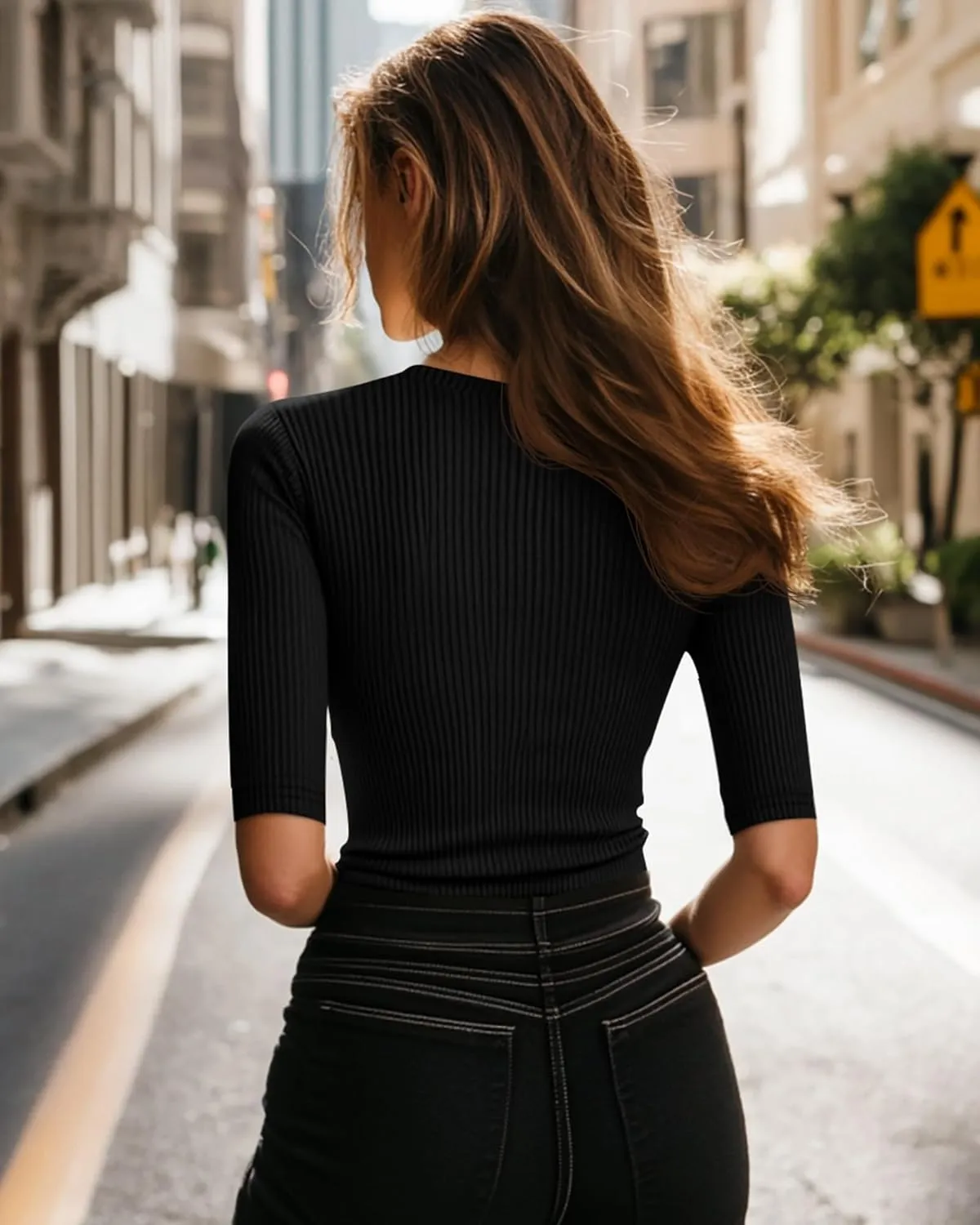 Riyiper 3 Pack Women's Half Sleeve Tops, Elbow Length Ribbed Cotton T Shirt Crew Neck Summer Tee Slim Fit Casual Blouses