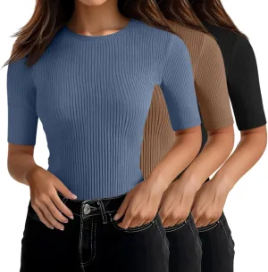 Riyiper 3 Pack Women's Half Sleeve Tops, Elbow Length Ribbed Cotton T Shirt Crew Neck Summer Tee Slim Fit Casual Blouses
