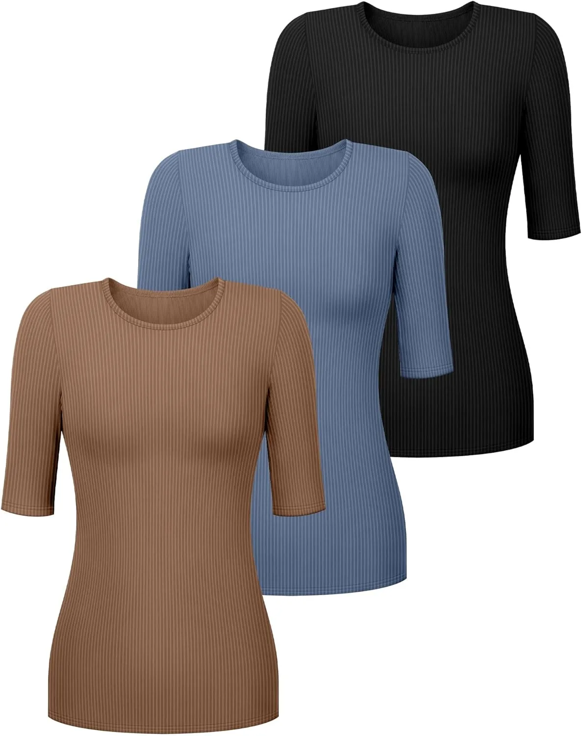 Riyiper 3 Pack Women's Half Sleeve Tops, Elbow Length Ribbed Cotton T Shirt Crew Neck Summer Tee Slim Fit Casual Blouses