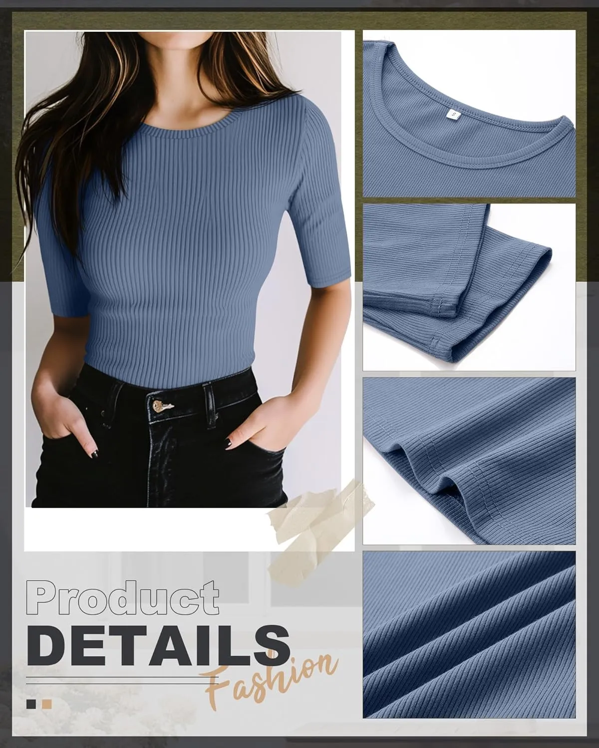 Riyiper 3 Pack Women's Half Sleeve Tops, Elbow Length Ribbed Cotton T Shirt Crew Neck Summer Tee Slim Fit Casual Blouses