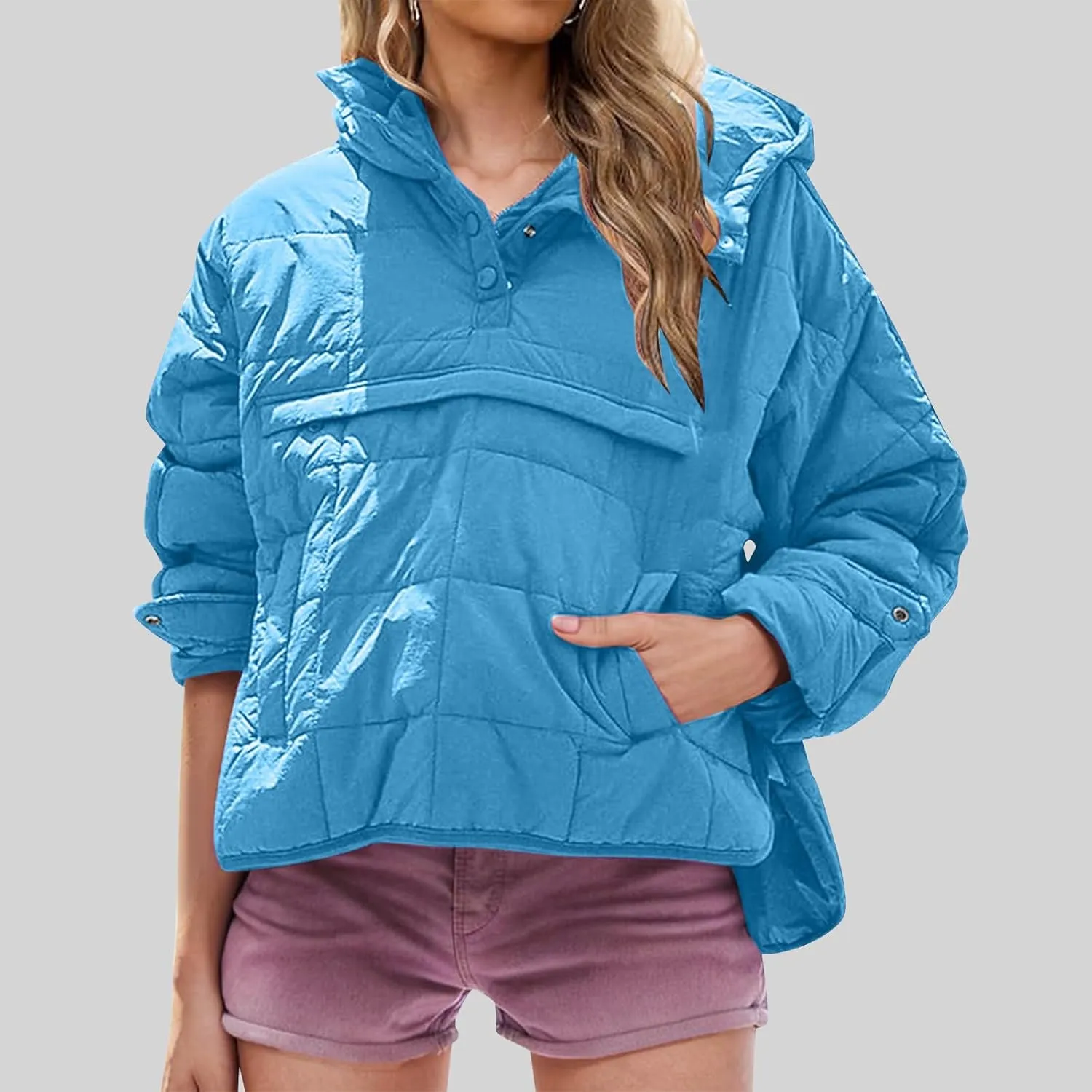 RKSTN Women Quilted Pullover Puffer Jacket Loose Hooded Coats Winter Warm Lightweight Outerwear with Pockets