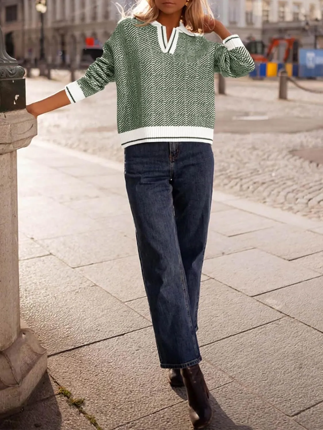 Saodimallsu Womens Fall Sweaters Tops Lapel V Neck Knit Sweater Color Block Long Sleeve Casual Soft Pullover Shirt