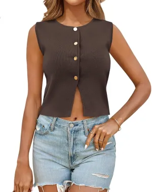 Saodimallsu Womens Sleeveless Cropped Sweater Vest Summer Trendy Knit Crop Tank Tops Crewneck Button Y2K Going Out Top