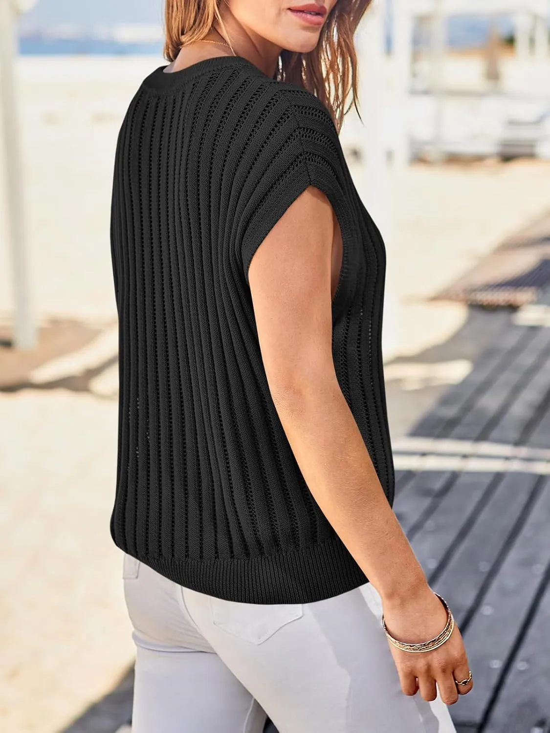 Saodimallsu Womens Summer Crochet Sweater Vest Cap Sleeve Knit Tops Casual Crewneck Sleeveless Sweaters