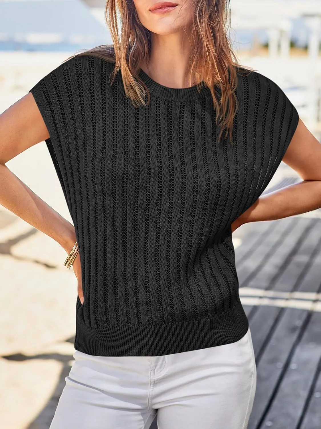 Saodimallsu Womens Summer Crochet Sweater Vest Cap Sleeve Knit Tops Casual Crewneck Sleeveless Sweaters