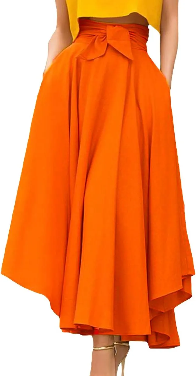 Sexyshine Women's Bow Tie Waist Boho Maxi Skirt Lace Up Elegant Flowy A-Line Pleated Flared Skater Skirts Long Dress