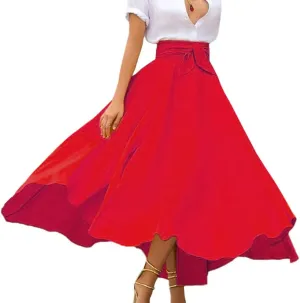 Sexyshine Women's Bow Tie Waist Boho Maxi Skirt Lace Up Elegant Flowy A-Line Pleated Flared Skater Skirts Long Dress