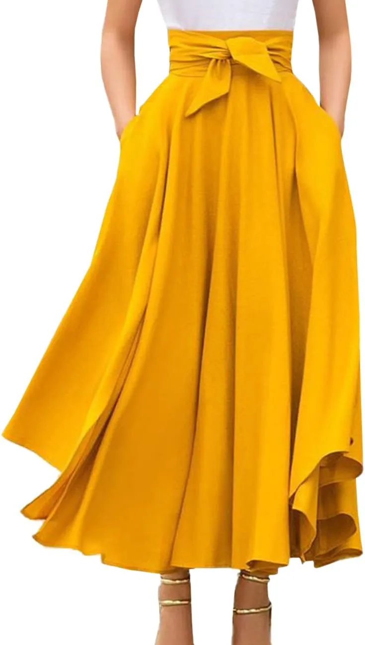Sexyshine Women's Bow Tie Waist Boho Maxi Skirt Lace Up Elegant Flowy A-Line Pleated Flared Skater Skirts Long Dress