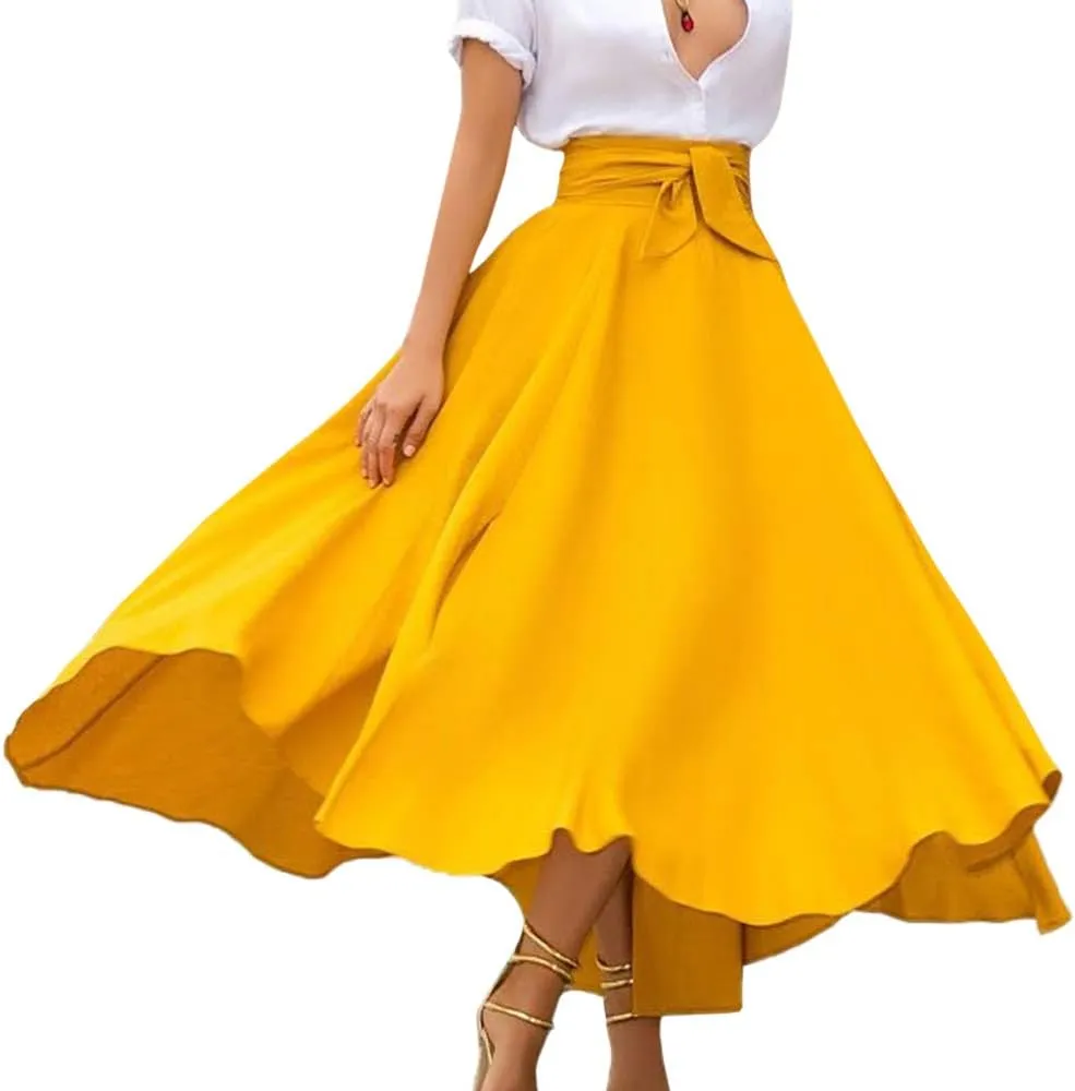 Sexyshine Women's Bow Tie Waist Boho Maxi Skirt Lace Up Elegant Flowy A-Line Pleated Flared Skater Skirts Long Dress