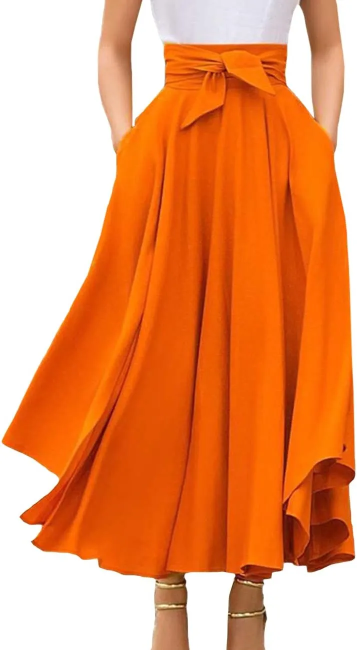 Sexyshine Women's Bow Tie Waist Boho Maxi Skirt Lace Up Elegant Flowy A-Line Pleated Flared Skater Skirts Long Dress