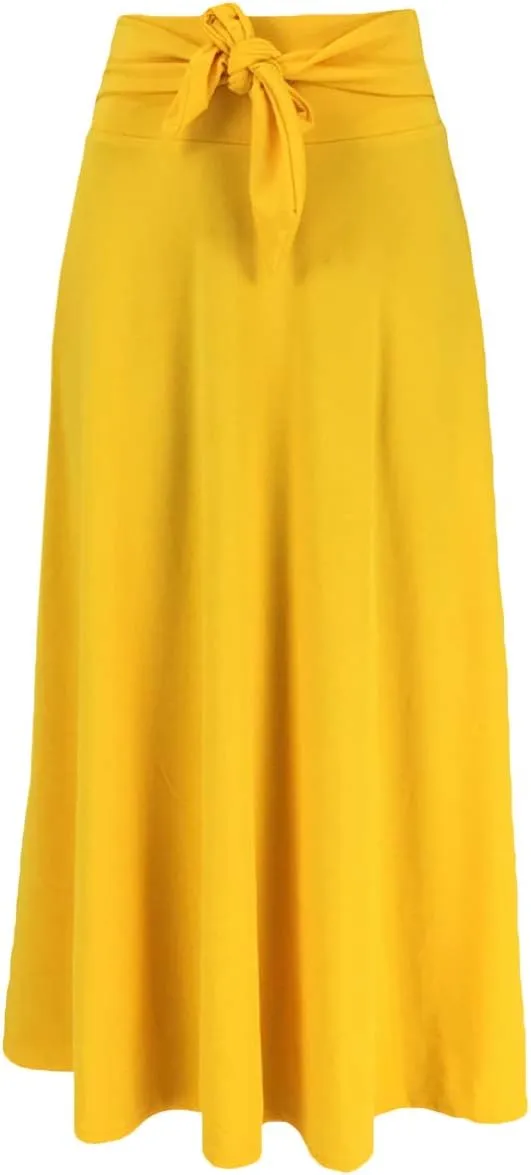 Sexyshine Women's Bow Tie Waist Boho Maxi Skirt Lace Up Elegant Flowy A-Line Pleated Flared Skater Skirts Long Dress
