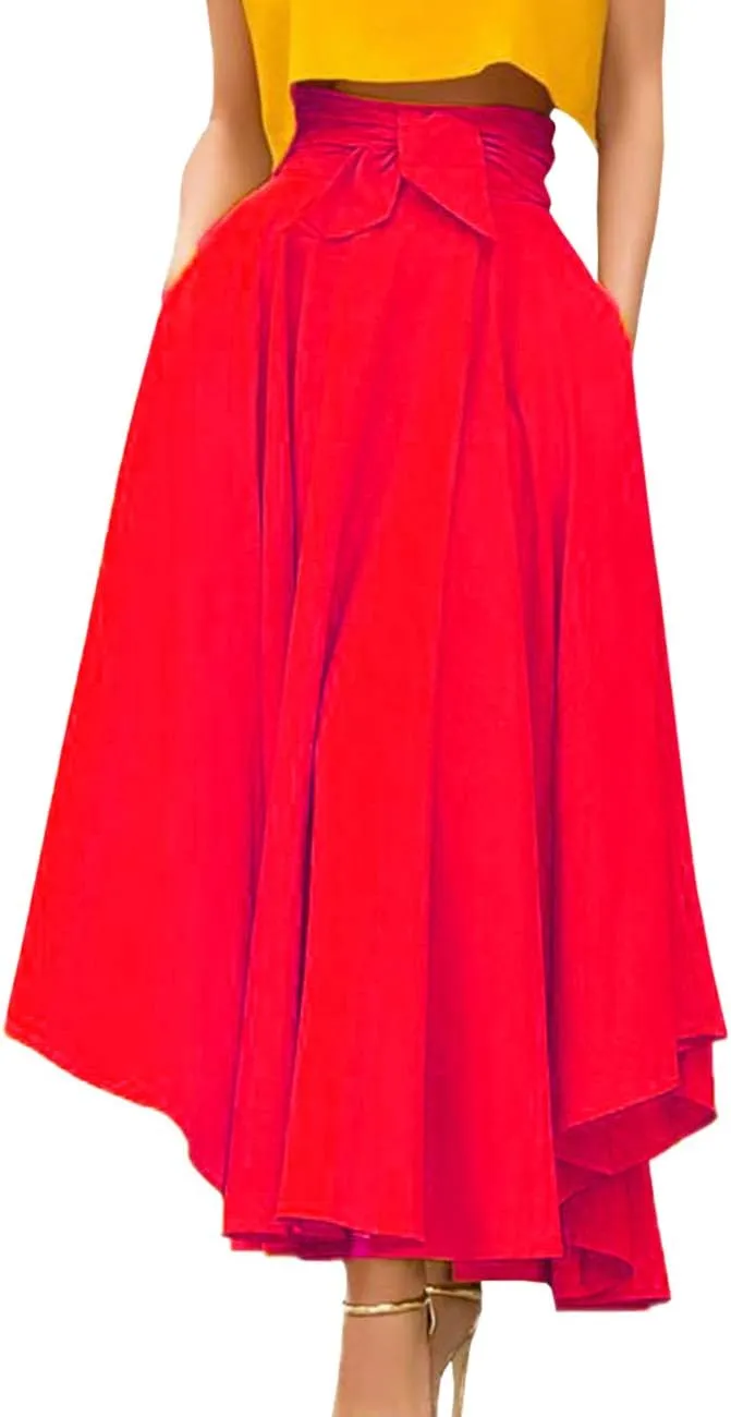 Sexyshine Women's Bow Tie Waist Boho Maxi Skirt Lace Up Elegant Flowy A-Line Pleated Flared Skater Skirts Long Dress