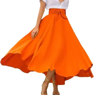 Sexyshine Women's Bow Tie Waist Boho Maxi Skirt Lace Up Elegant Flowy A-Line Pleated Flared Skater Skirts Long Dress