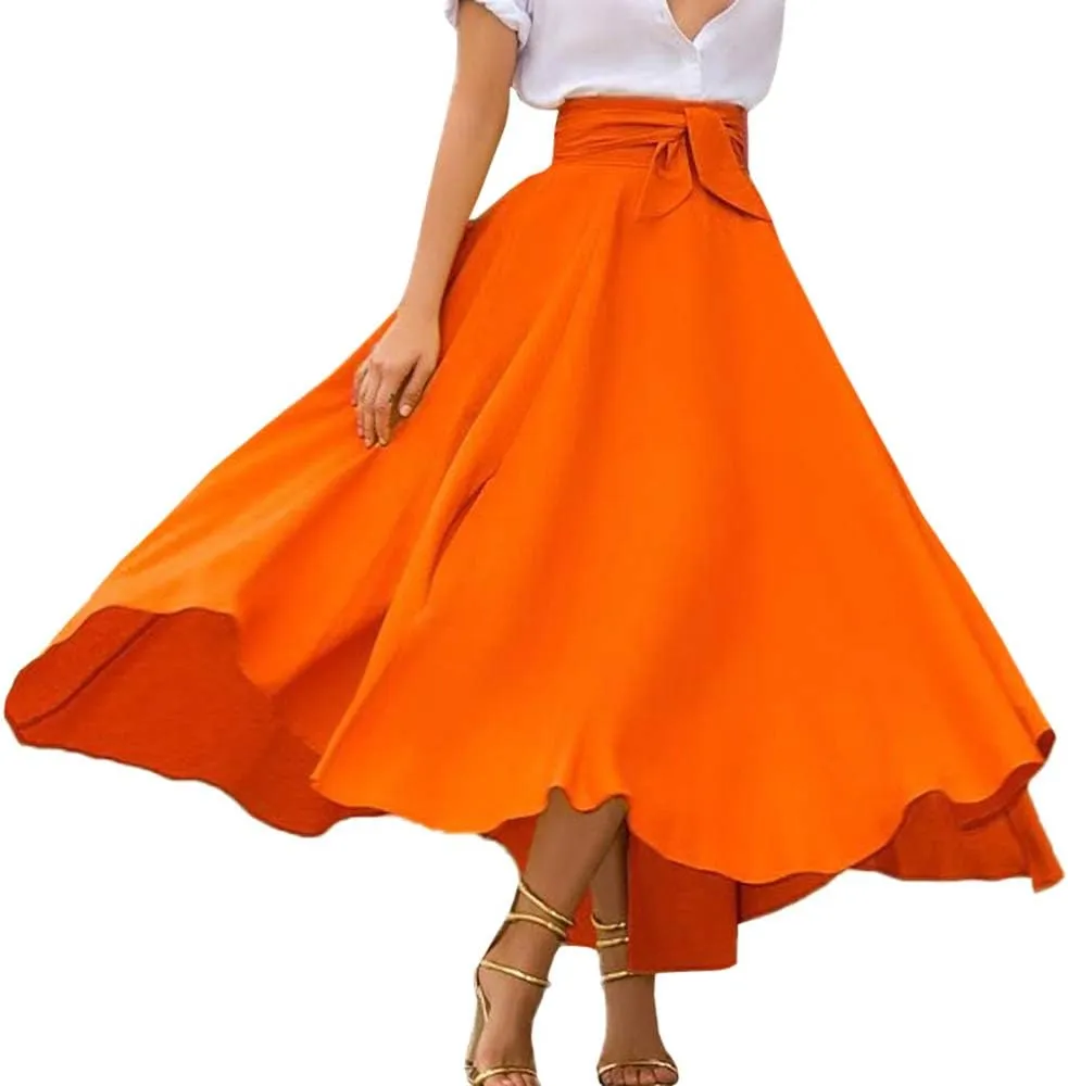 Sexyshine Women's Bow Tie Waist Boho Maxi Skirt Lace Up Elegant Flowy A-Line Pleated Flared Skater Skirts Long Dress
