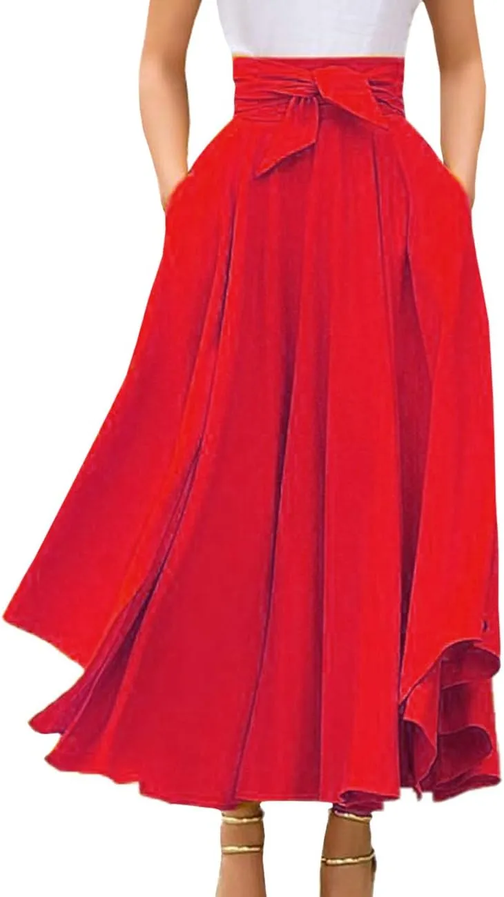 Sexyshine Women's Bow Tie Waist Boho Maxi Skirt Lace Up Elegant Flowy A-Line Pleated Flared Skater Skirts Long Dress