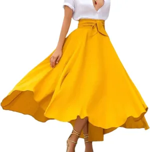 Sexyshine Women's Bow Tie Waist Boho Maxi Skirt Lace Up Elegant Flowy A-Line Pleated Flared Skater Skirts Long Dress