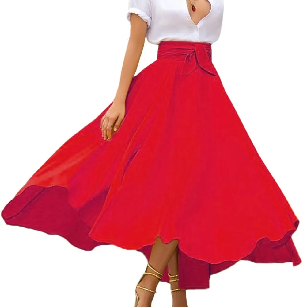 Sexyshine Women's Bow Tie Waist Boho Maxi Skirt Lace Up Elegant Flowy A-Line Pleated Flared Skater Skirts Long Dress