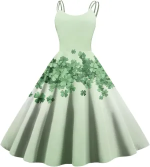 Shamrock Dress Women Cute Off Shoulder Sleeveless Vintage Midi Swing St Patricks Day Print A-Line Dresses