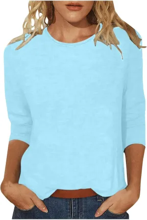 SHAOBGE 3/4 Sleeve Tops for Women's Solid Color Round Neck Slim Seven Point Sleeve T Shirt Top Women's Active