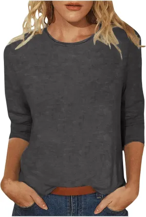 SHAOBGE 3/4 Sleeve Tops for Women's Solid Color Round Neck Slim Seven Point Sleeve T Shirt Top Women's Active