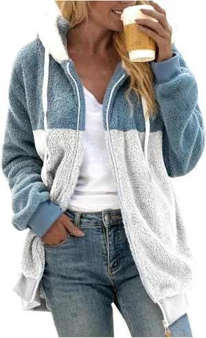 SHAOBGE Oversized Fuzzy Fleece Jackets For Women Fashion 2024 Color Block Faux Fur Cardigan Coat Shaggy Warm Winter Outerwear