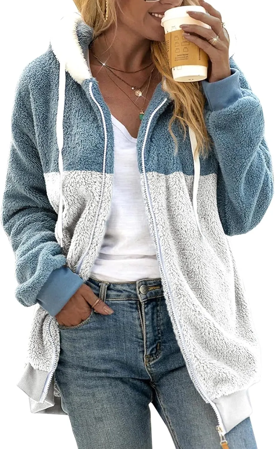 SHAOBGE Oversized Fuzzy Fleece Jackets For Women Fashion 2024 Color Block Faux Fur Cardigan Coat Shaggy Warm Winter Outerwear