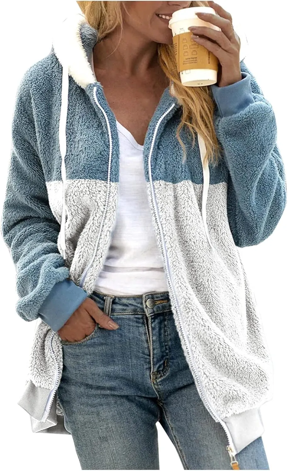 SHAOBGE Oversized Fuzzy Fleece Jackets For Women Fashion 2024 Color Block Faux Fur Cardigan Coat Shaggy Warm Winter Outerwear