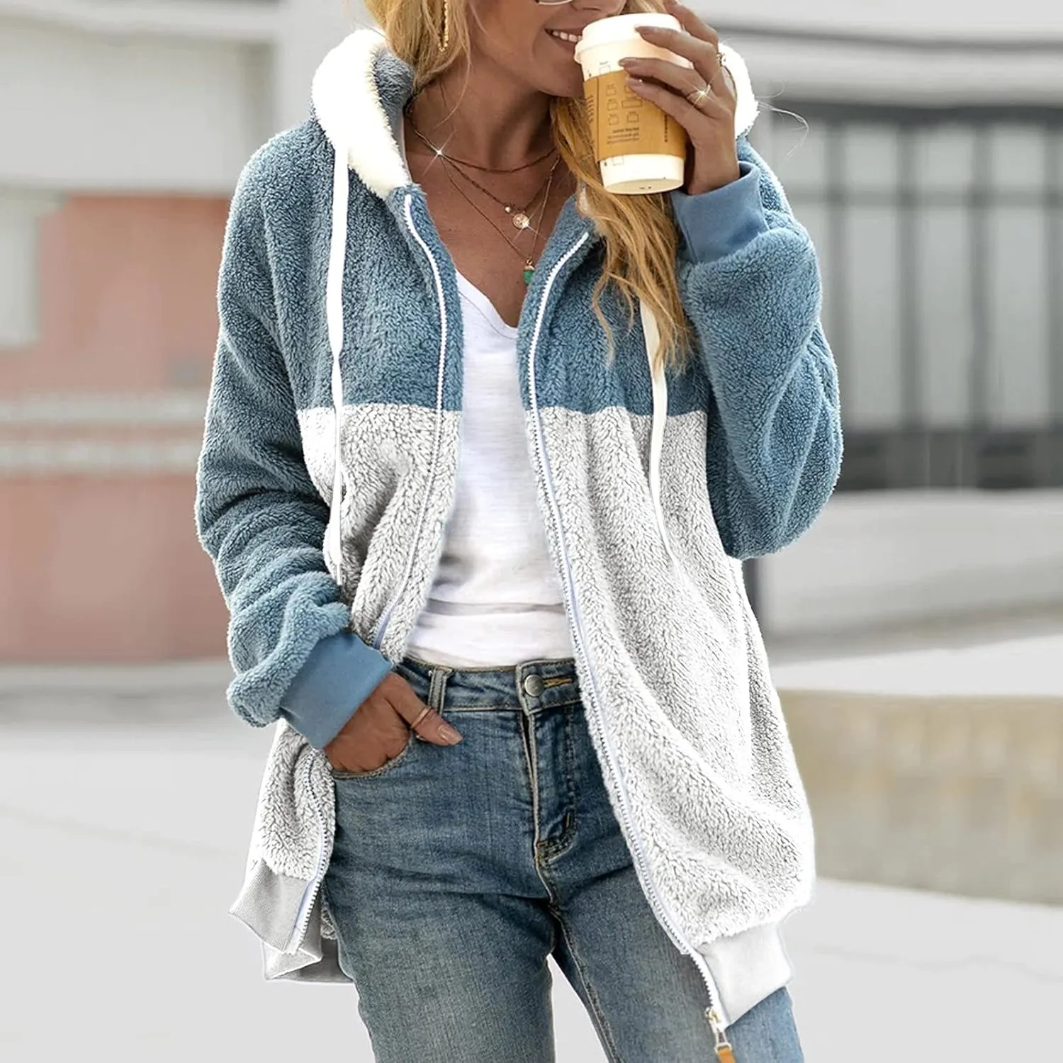 SHAOBGE Oversized Fuzzy Fleece Jackets For Women Fashion 2024 Color Block Faux Fur Cardigan Coat Shaggy Warm Winter Outerwear