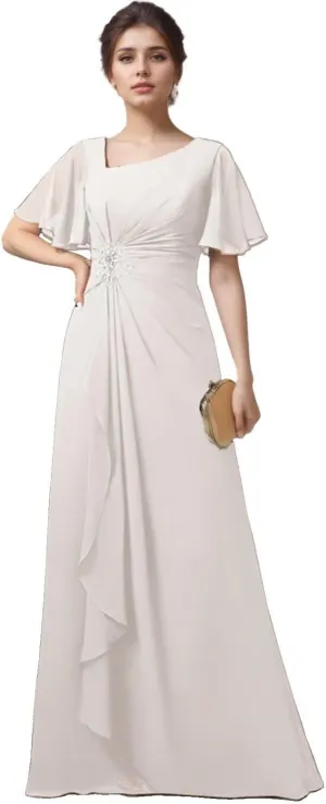 Short Sleeves Grandmother of The Bride Dresses for Wedding Ruffles Chiffon V-Neck Long Formal Dress for Women 2024