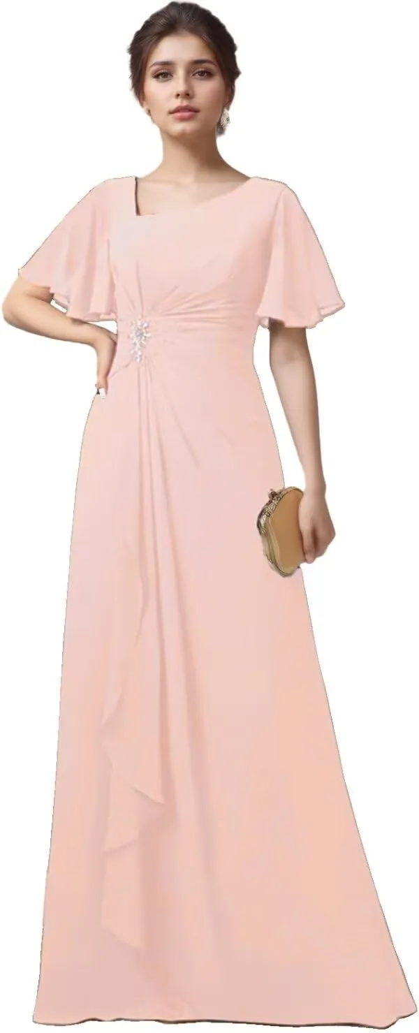Short Sleeves Grandmother of The Bride Dresses for Wedding Ruffles Chiffon V-Neck Long Formal Dress for Women 2024