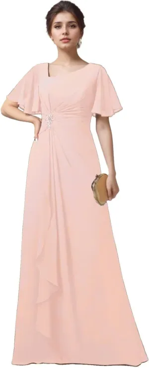Short Sleeves Grandmother of The Bride Dresses for Wedding Ruffles Chiffon V-Neck Long Formal Dress for Women 2024