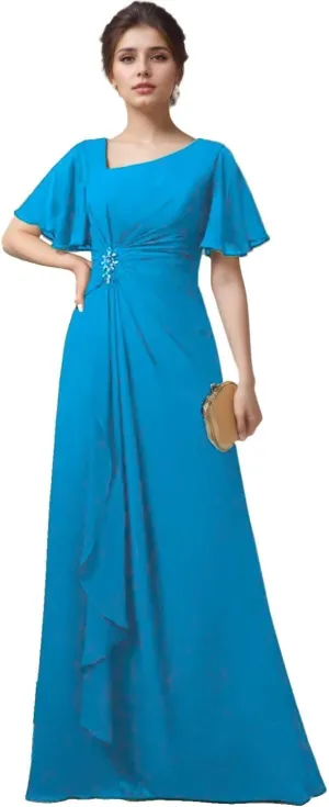 Short Sleeves Grandmother of The Bride Dresses for Wedding Ruffles Chiffon V-Neck Long Formal Dress for Women 2024