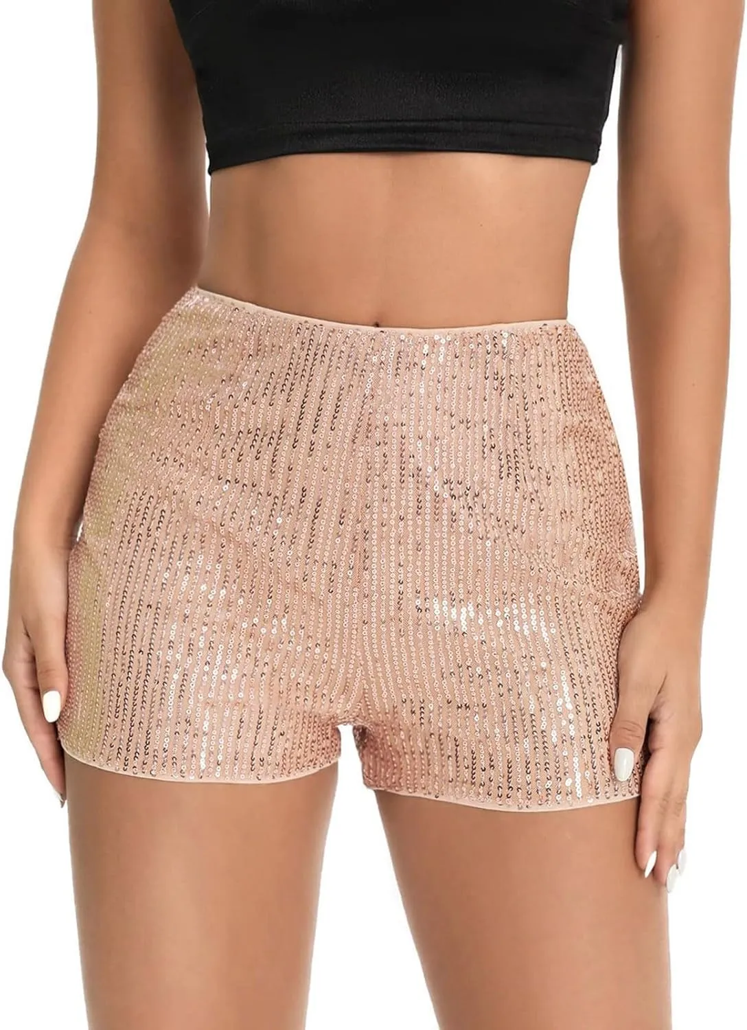 Shorts for Women Sequined Shiny High Waisted Casual Baggy Skorts Elastic Waist Straight Leg Comfort Trendy Clubwear