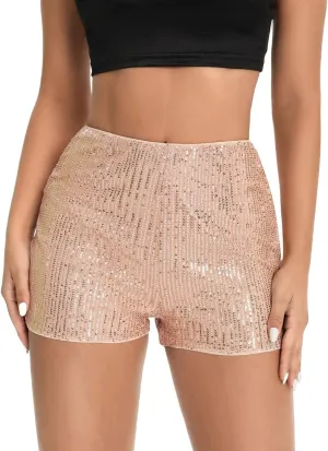 Shorts for Women Sequined Shiny High Waisted Casual Baggy Skorts Elastic Waist Straight Leg Comfort Trendy Clubwear