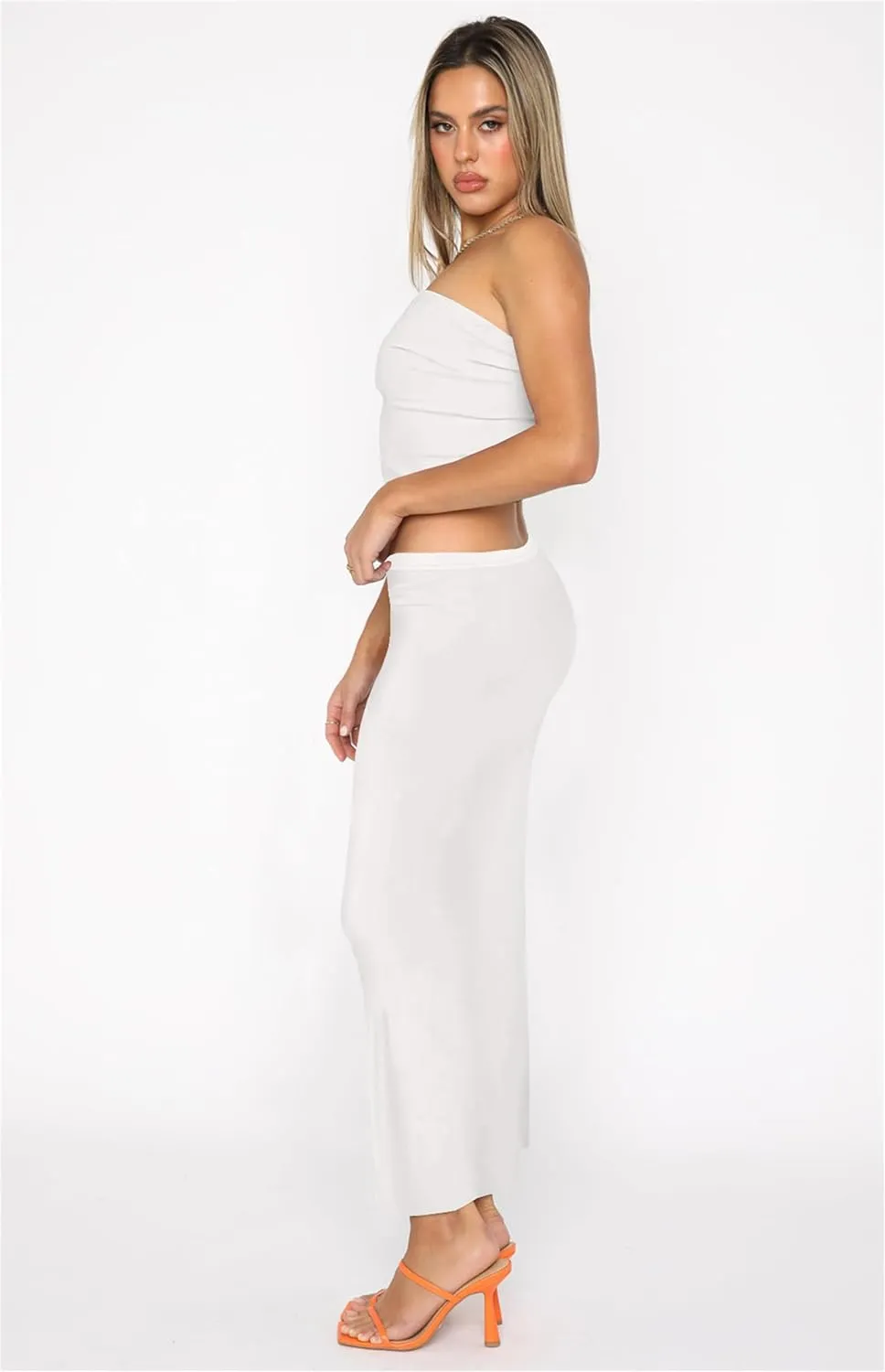 Skirt Sets Women 2 Piece Outfits - Sexy Two Pc Sleeveless Strapless Tube Crop Top Bodycon Midi Skirts Set