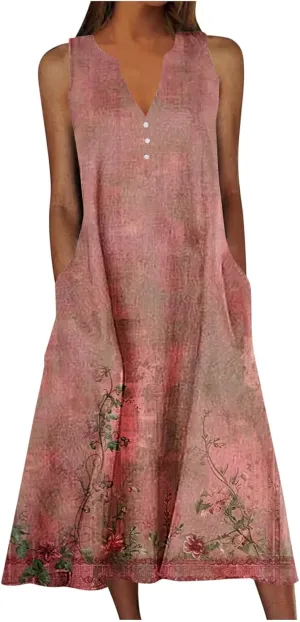Sleeveless Dress for Women Summer Graphic Printed V Neck a Line Tank Dresses Boho Beach Vacation Sundress