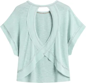 SOLY HUX 2024 Open Back Tops for Women Criss Cross Cut Out Tee Backless Casual Short Sleeve Round Neck T Shirt