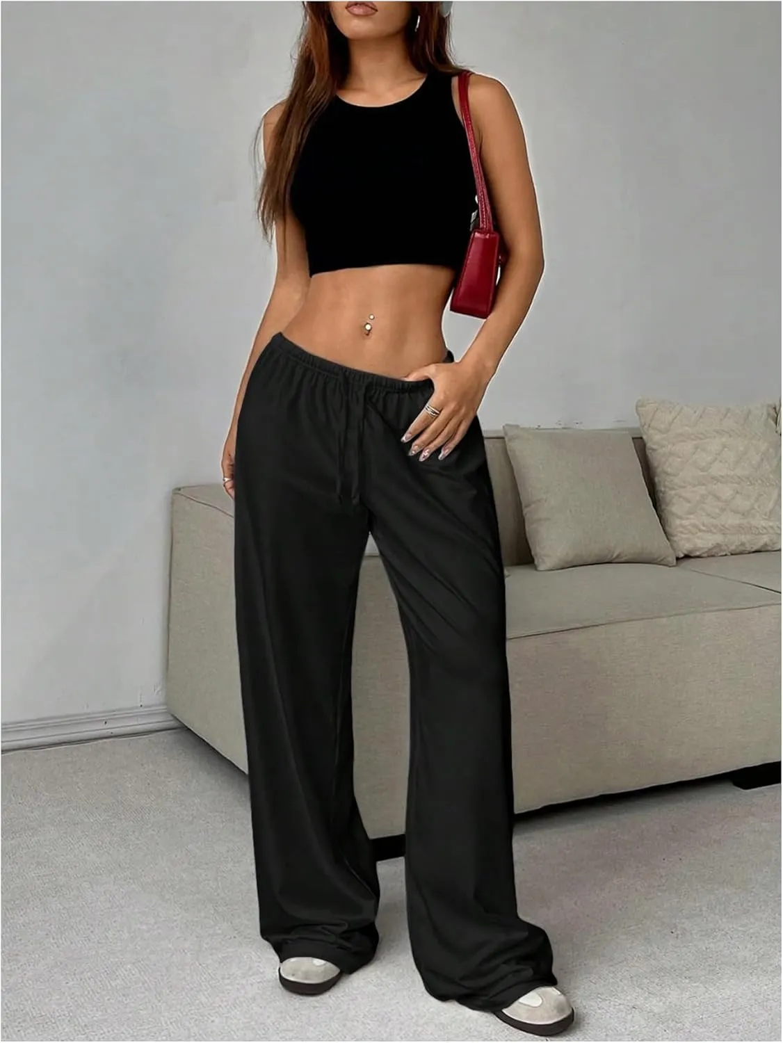 SOLY HUX Women's Wide Leg Sweatpants Drawstring Baggy Trousers High Waisted Loose Casual Jogger Pants