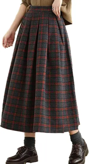 SOMTHRON Women's Retro Plaid Midi Skirt Elastic High Waist A-Line Pleated Flare Checkered Long Skirt