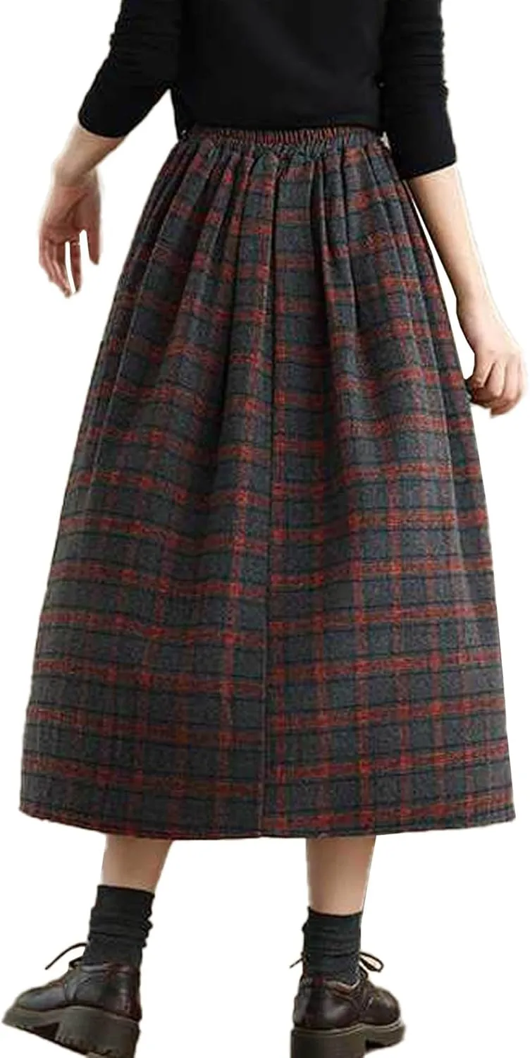 SOMTHRON Women's Retro Plaid Midi Skirt Elastic High Waist A-Line Pleated Flare Checkered Long Skirt
