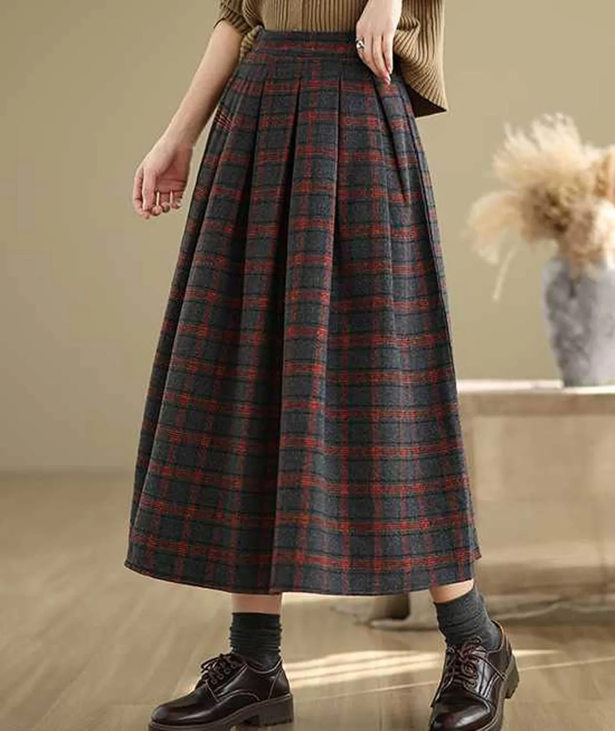 SOMTHRON Women's Retro Plaid Midi Skirt Elastic High Waist A-Line Pleated Flare Checkered Long Skirt