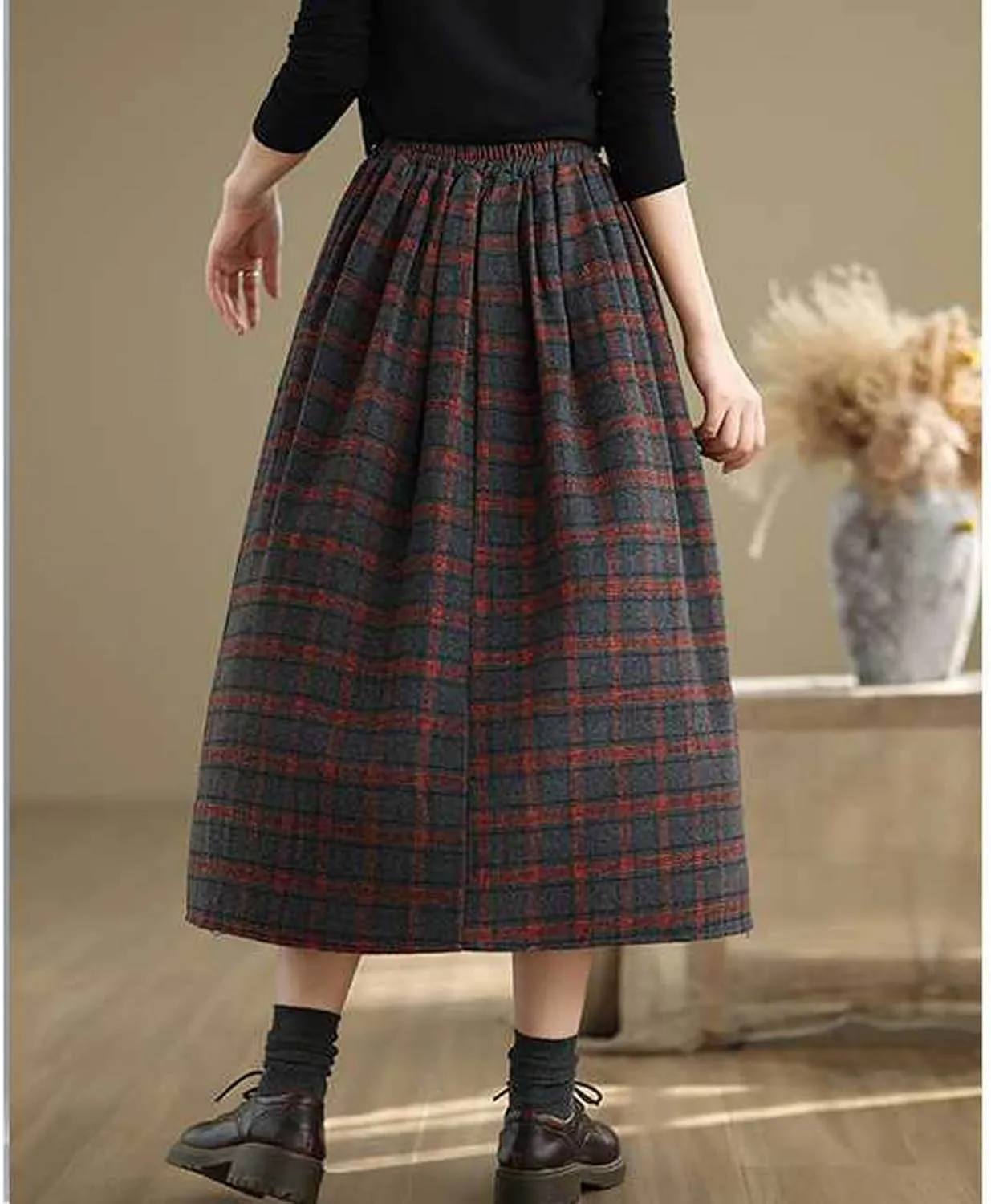 SOMTHRON Women's Retro Plaid Midi Skirt Elastic High Waist A-Line Pleated Flare Checkered Long Skirt