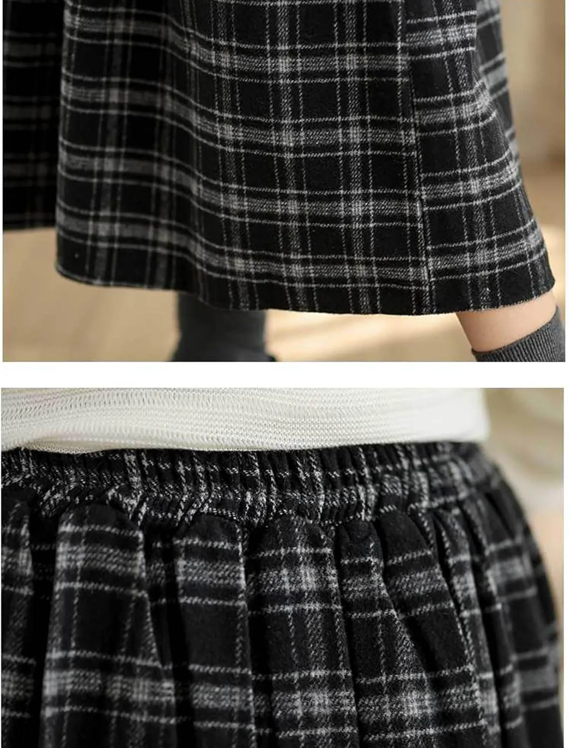 SOMTHRON Women's Retro Plaid Midi Skirt Elastic High Waist A-Line Pleated Flare Checkered Long Skirt