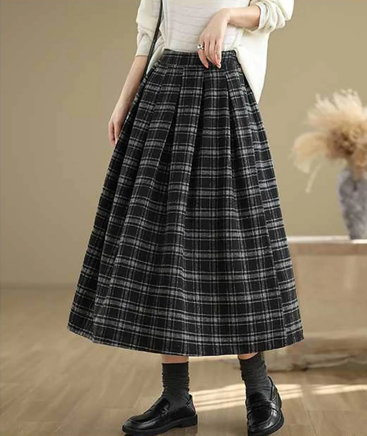 SOMTHRON Women's Retro Plaid Midi Skirt Elastic High Waist A-Line Pleated Flare Checkered Long Skirt